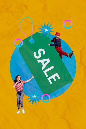 Picture poster collage of funky carefree people celebrate black friday autumn seasonal sale isolated on drawing yellow backgroundの写真素材