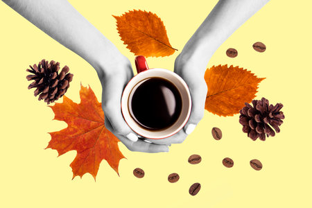Magazine picture collage of two hands hold caffeine arabica drink hot coffee isolated on drawing beige color backgroundの写真素材