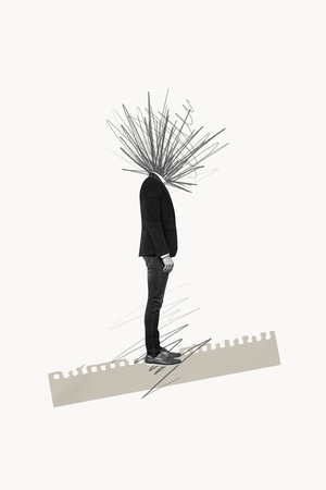 Collage 3d image of pinup pop retro sketch of tired workaholic chaotic thoughts mess thinking exhausted minded depressed overworkedの写真素材