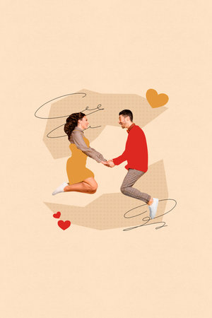Picture collage poster of overjoyed cheerful people jump up hold hands celebrate wedding anniversary isolated on beige color backgroundの写真素材