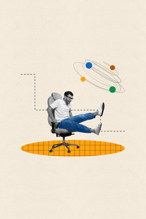 Collage picture of funky joyful guy manager riding comfortable armchair isolated on painted white color backgroundの写真素材