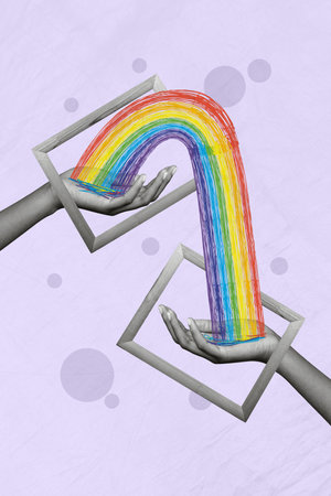 Vertical collage of two black white colors arms palms hold drawing rainbow connection wooden photo frame isolated on violet backgroundの写真素材