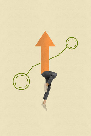 Picture vertical collage of weird unusual faceless no head guy arrow showing successful growth...