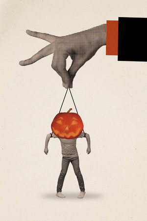 Vertical creative composite illustration photo collage of arm hold funny man with pumpkin head garland isolated on drawing backgroundの写真素材