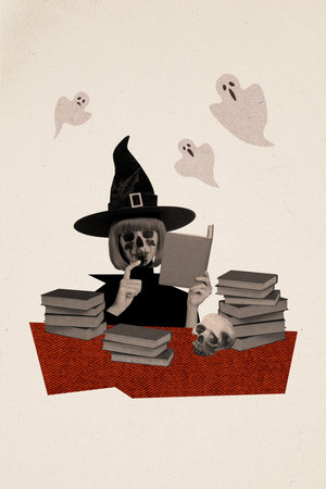 Vertical creative composite photo collage of scary undead woman look at book read spell summon ghosts isolated on painted backgroundの写真素材