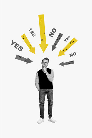 Creative abstract template graphics collage image of doubtful undecided guy thinking yes no isolated...
