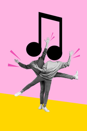 Creative graphics collage painting of funky couple music note instead heads having fun isolated colorful backgroundの写真素材