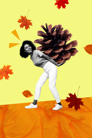 Vertical collage image of funny youngster girl having fun collect spruce cone with golden maple leaves october isolated on yellow backgroundの写真素材