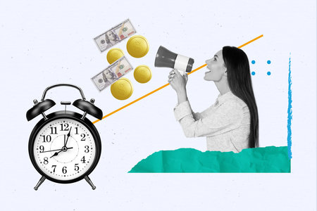 Creative abstract template collage of office employee loud voice megaphone clock deadline trader economist financier trader money earningsの写真素材