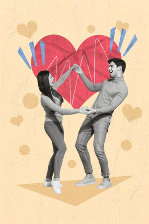 Illustration black white collage of two cheerful people young family dance rejoice cool party isolated on drawing beige color backgroundの写真素材