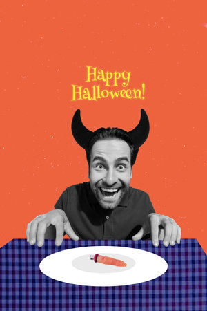 Composite collage image of funny demon devil horns male eating cafe chopped finger witch costume happy halloween magazine surrealismの写真素材
