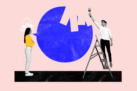 Young couple collage speaking funny woman her husband ignoring her talking paintbrush drawing textbox isolated on pink color backgroundの写真素材