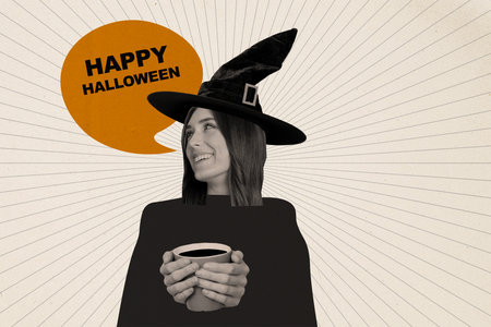 Creative composite photo collage of good mood girl in witch costume say happy halloween hold mug of coffee isolated on drawing backgroundの写真素材