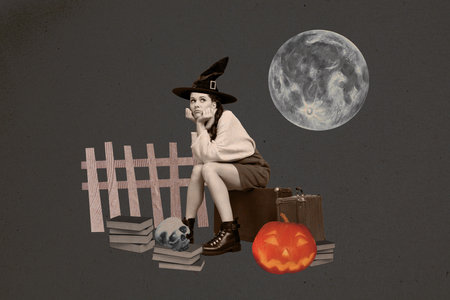 Composite collage image of sad bored waiting female traveler sit valise witch costume decoration happy halloween surrealism metaphorの写真素材