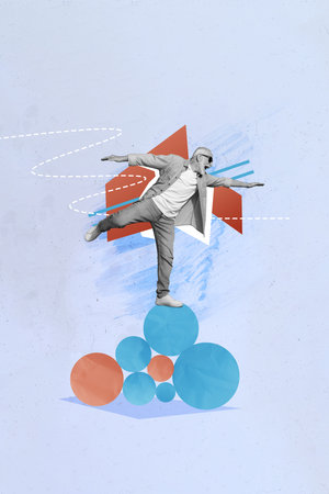 Collage picture of cheerful happy purposeful guy balancing on geometric figures elementsの写真素材