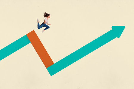 Image poster collage of funky crazy girl running fast forward dream huge arrow pointer isolated on drawing white backgroundの写真素材