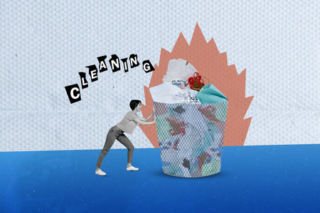 Creative trend save planet earth collage girl pushing huge 3d rubbish bin bucket save ecology reuse products isolated on blue backgroundの写真素材
