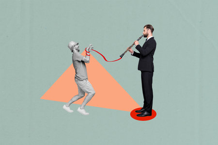 Creative collage artwork of young funny employee communicate with playing flute music boss business...