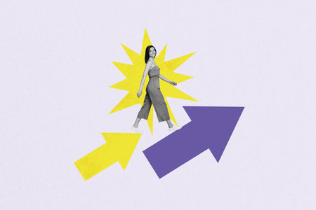 Collage picture of positive black white colors mini girl walking big growing arrow cursor pointers isolated on creative backgroundの写真素材