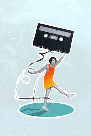 Vertical collage image of mini overjoyed black white colors girl dancing big tape recorder audio...