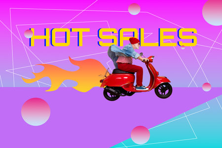 3d retro abstract creative artwork template collage of riding driving old retired mature man scooter motorcycle fire hurry fast speed salesの写真素材