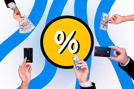 Creative composite 3d photo collage of people stretching hands with money buy clothes on black...