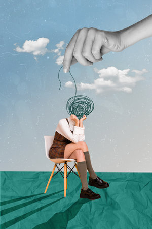 Poster collage banner of faceless weird lady with mess lines suffer psychological disorder problems hand helpingの写真素材