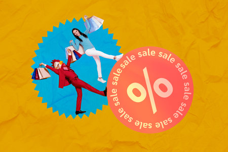 Artwork banner collage of funky crazy people going carrying packs low price black friday super sale isolated on drawing yellow backgroundの写真素材