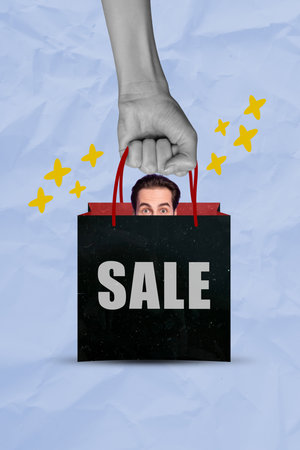 Vertical creative collage image of hand hold shopping bag small man hide percentage symbol buying sale discount black fridayの写真素材