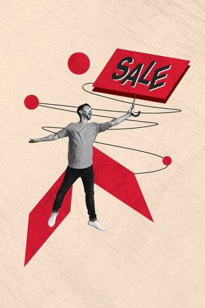 Vertical composite photo abstract collage of glad astonished man hold sale poster like umbrella isolated creative painted backgroundの写真素材