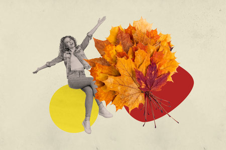 Retro creative artwork template collage of funny carefree lady enjoying autumn season isolated painting backgroundの写真素材