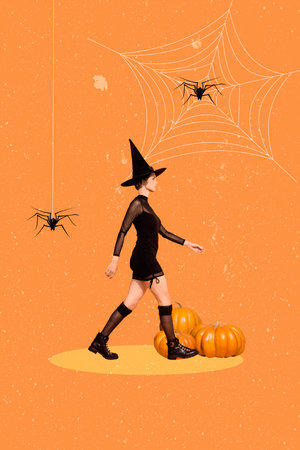 Collage artwork design postcard celebrate holiday autumn halloween scary event witch costume spider web isolated on orange backgroundの写真素材