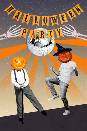 Vertical composite creative photo collage of funky people with pumpkin heads dancing at halloween party isolated on colorful backgroundの写真素材