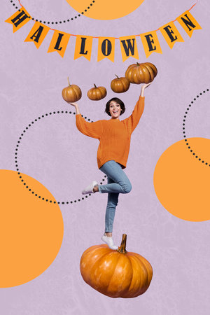 Vertical collage image of excited mini girl stand big pumpkin halloween party flags isolated on violet color backgroundの写真素材