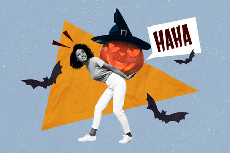 Artwork collage picture of black white colors girl arms hold carry big laughing carved pumpkin conjurer hat flying batsの写真素材