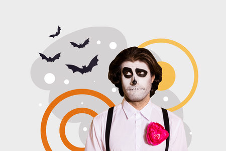 Creative poster collage of funny confused muerto mexican character look bats halloween poster banner...