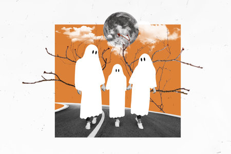 Composite creative photo collage of happy friendly family in ghost costumes walking on road hold arms isolated on drawing backgroundの写真素材