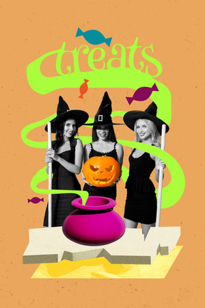 Collage picture of charming witch ladies holding brooms preparing halloween spell isolated orange color backgroundの写真素材