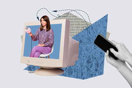 Banner collage picture of successful woman in computer monitor speaking interview live stream...