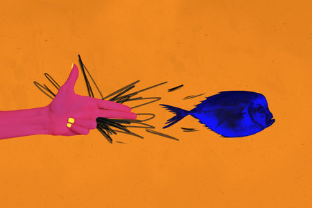 Composite collage picture of human arm fingers demonstrate gun gesture shoot swimming fish isolated...