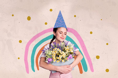 Creative composite concept photo collage of good mood girl wear birthday cone embrace flower bouquet isolated on drawing backgroundの写真素材