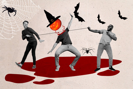 Photo collage of two guys kill bizarre character lumberjack cut his pumpkin head scary halloween much blood isolated on grey backgroundの写真素材