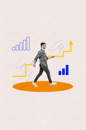 Image 3d collage of purposeful handsome man going office job earning money increase profit isolated on drawing white color backgroundの写真素材