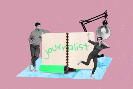 Collage of two colleagues professional detectives journalists paparazzi search true information about corruption isolated with notebookの写真素材