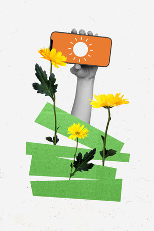 Creative abstract template collage of flowers yellow daisies bloom blossom hand hold smartphone screen sunny weather social mediaの写真素材