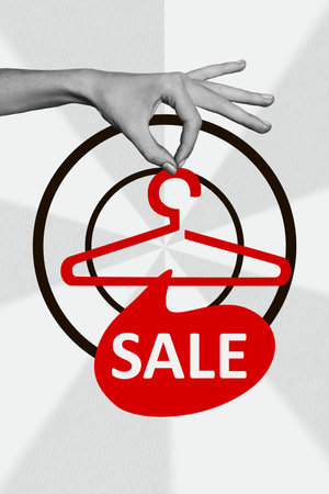 New painted clothes hanger changing room waiting for new clothes human hand holding rack sale poster collage isolated on gray backgroundの写真素材