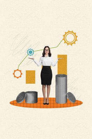 Image collage sketch of successful rich lady presenting wealth pile stack golden coins financial growth isolated on drawing backgroundの写真素材