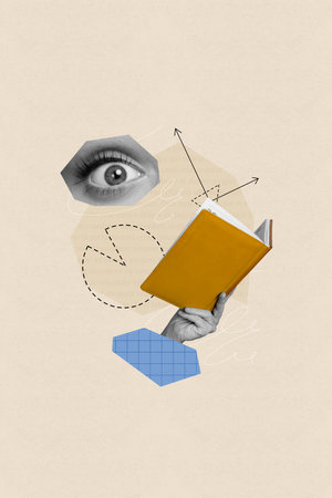 Vertical creative composite 3d photo collage of excited human eye look at book in arm learn geometry isolated on baige color backgroundの写真素材