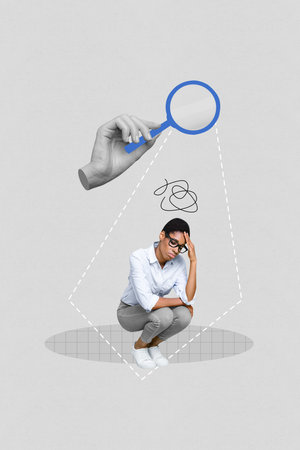 Vertical creative composite photo collage of arm hold magnifying glass learn problems of depressed woman isolated on gray color backgroundの写真素材