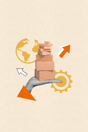 Vertical creative composite artwork photo collage of palm deliver packeges in any place in world...